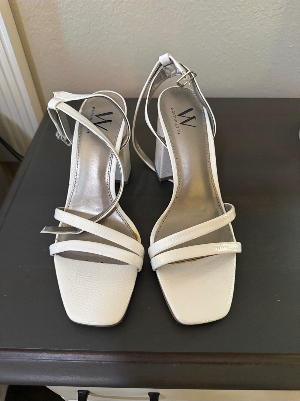Worthington White Strappy Ankle Strap Block Heels